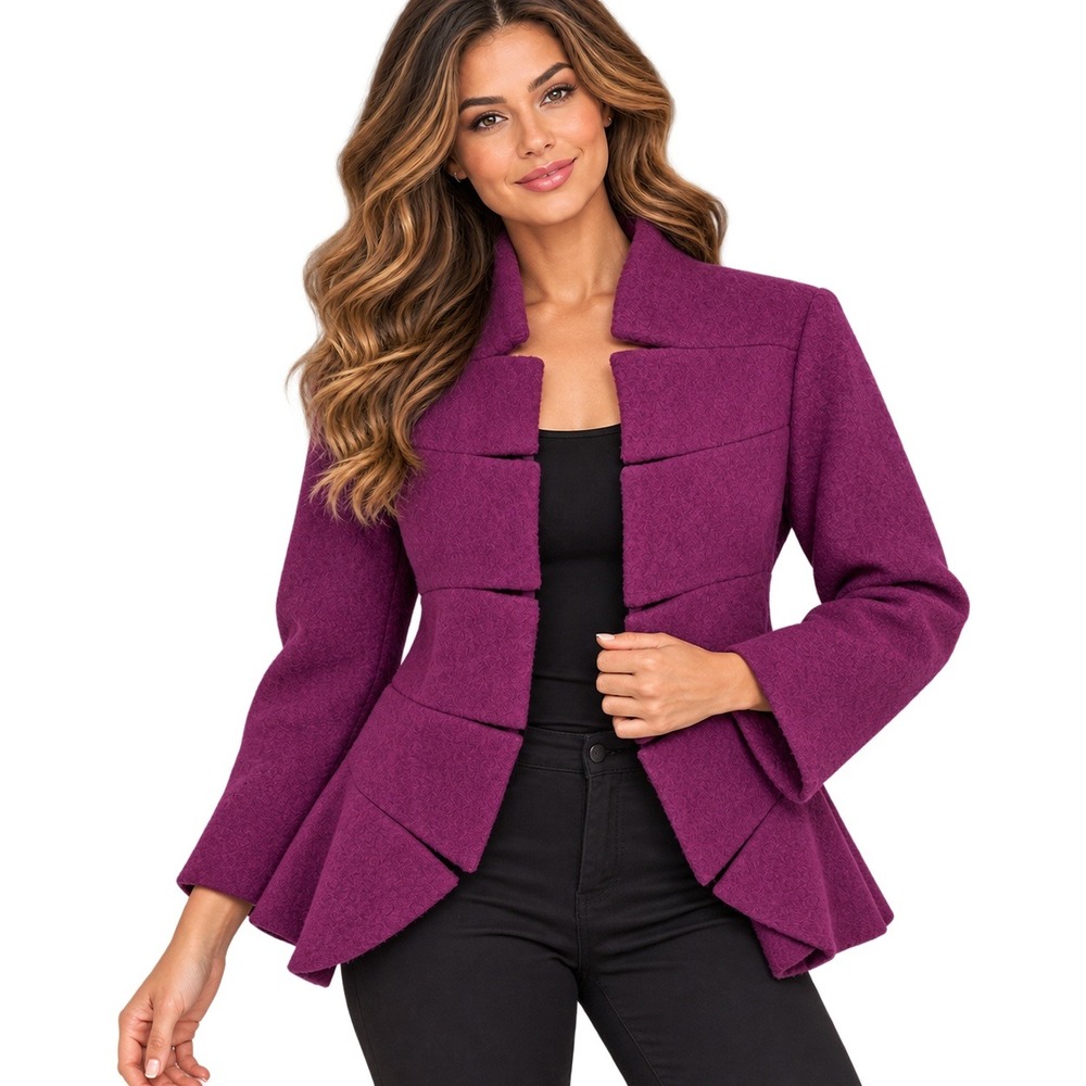 J'envie Women's XL Purple Boiled Wool Open Front Tiered Panel Swing Jacket Artsy